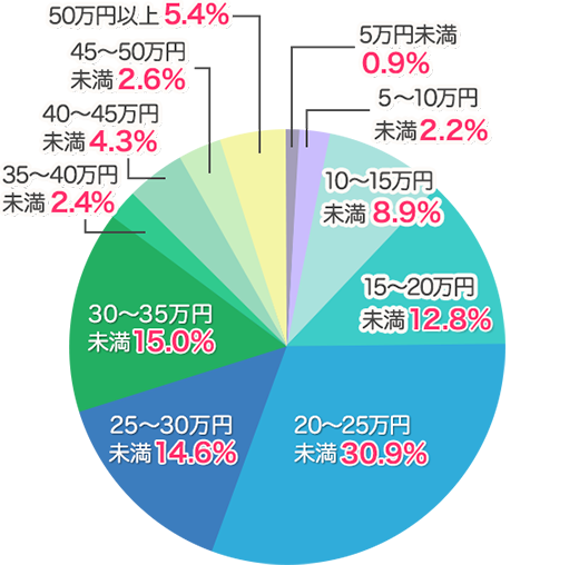 5万円未満0.9%、5~10万円未満2.2%、15~20万円未満12.8%、20~25万円30.9%、25~30万円未満14.6%、30~35万円未満15.0%、35~40万円未満2.4%、40~45%未満4.3%、45~50万円未満2.6%、50万円以上5.4%